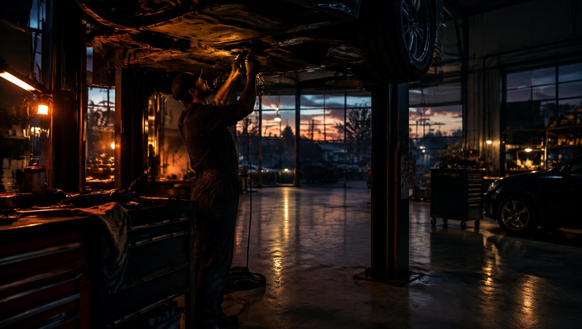 Mechanic working under a lifted car at Allen Automotive